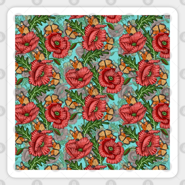 Poppies Flowers And Butterflies Pattern Sticker by Designoholic